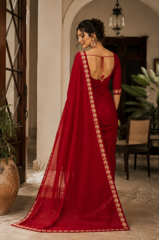 Ruhani Red Viscose Georgette Saree Set