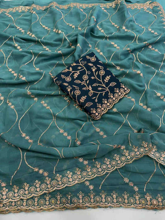Emerald Grace Georgette Embroidered Saree