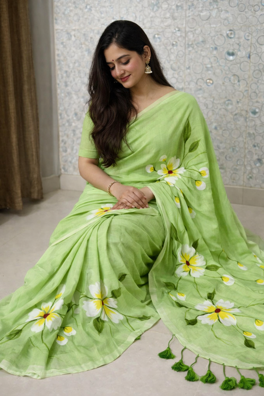 Pistachio Bloom Premium Mull Cotton Handprint Saree