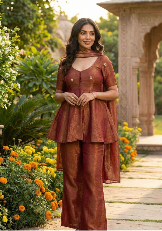 Rust Radiance Cosmos Tissue Peplum Co-Ord Set