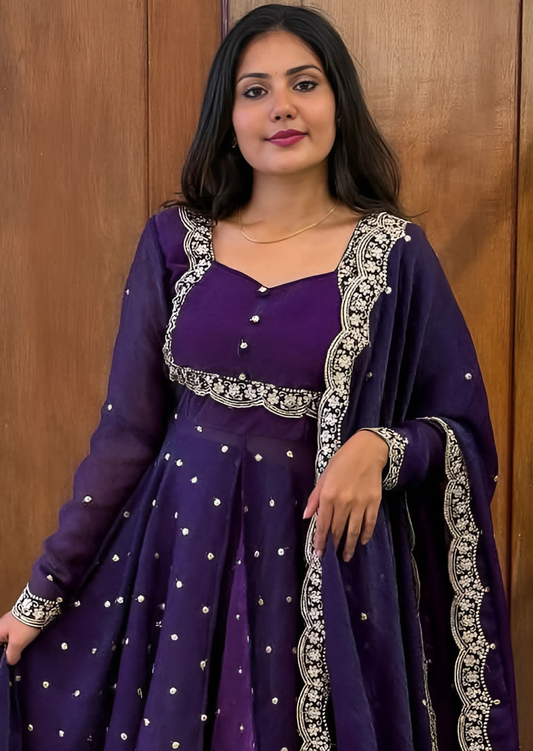 Royal Purple Silk Embroidered Cape Anarkali Suit Set