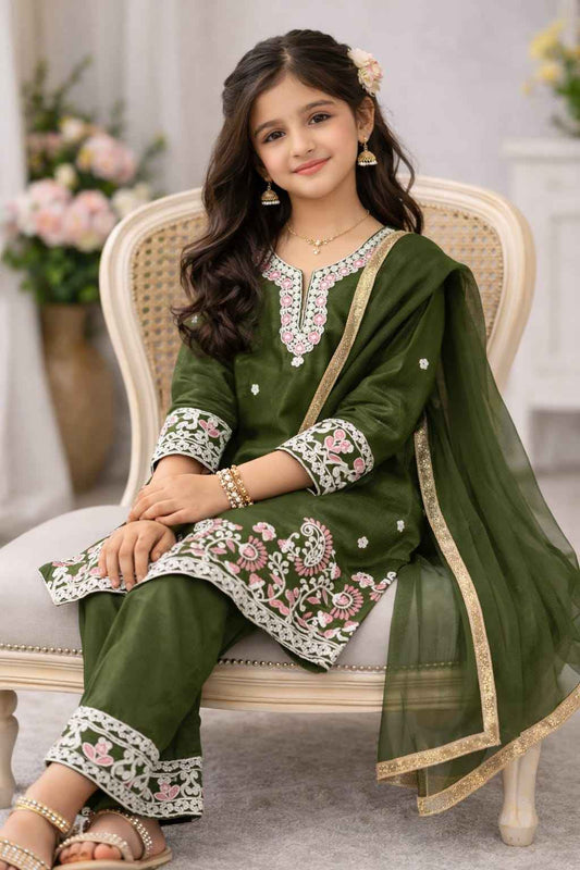 Afsha Embroidered Silk Kids Suit Set with Dupatta