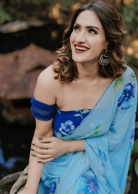 Azure Bloom Digital Print Georgette Saree