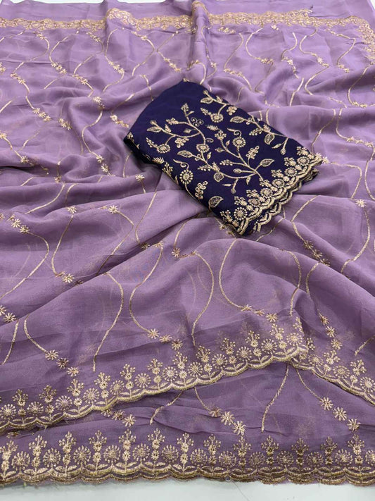 Mauve Majesty Georgette Embroidered Saree