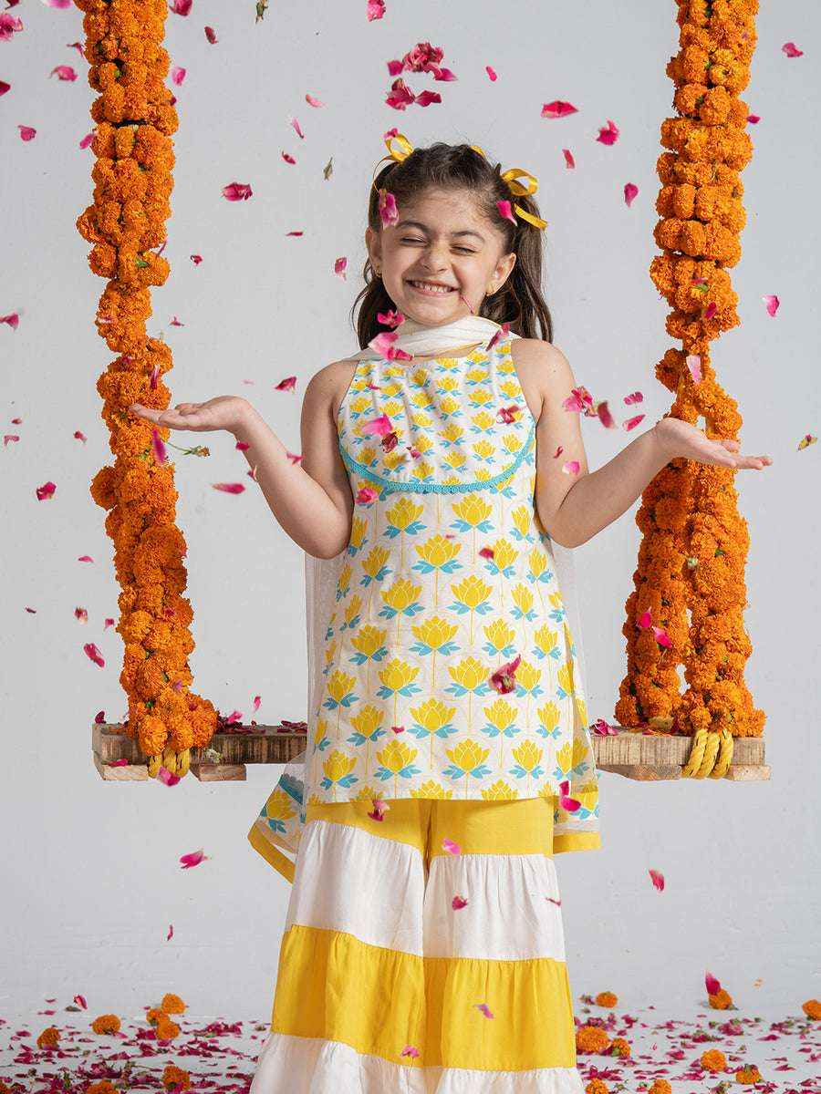 GulBano Sunshine Yellow & White Tiered Sharara Set