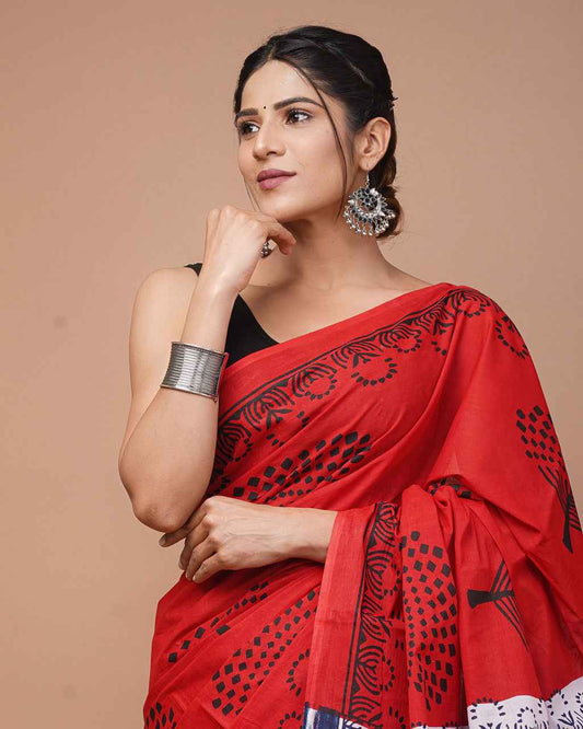 Indigo Ember Red Dual Harmony Mulmul Cotton Saree