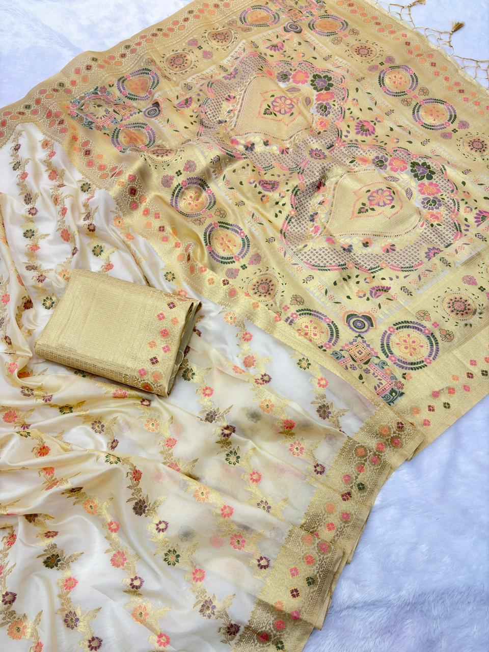 Ivory Kanchan Kora Silk Zari Woven Saree