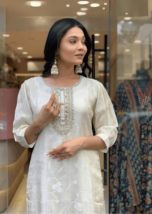 Luxe Russian Silk Jacquard Suit Set with Zari Dupatta