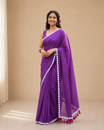 JHILMIL Royal Purple Mul Cotton Saree with Floral Lace Border