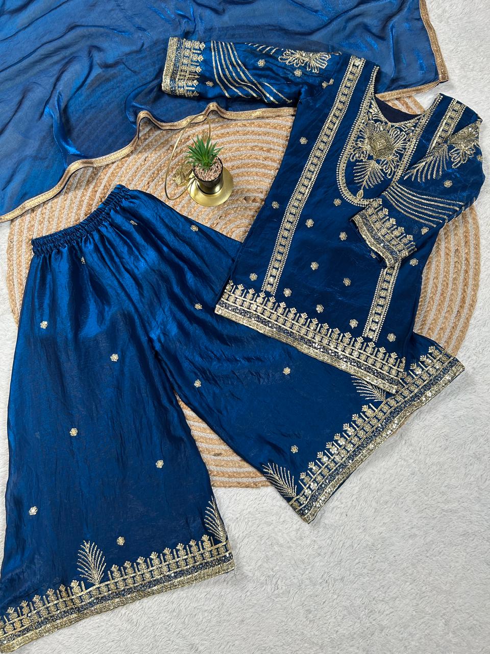 BlueMoon Embroidered Silk Kids Plazzo Set with Dupatta