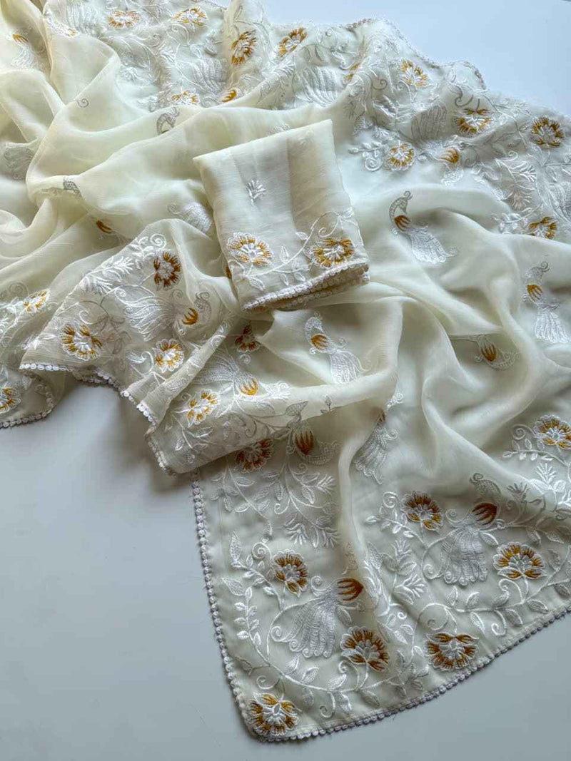 Ivory Gulnaar Embroidered Chiffon Saree