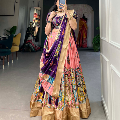 Pink Kalamkari Dola Silk Lehenga Set with Zari Border