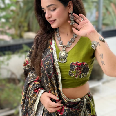 Regal Antique Print Pure Reyon Lehenga Set with Applique Work