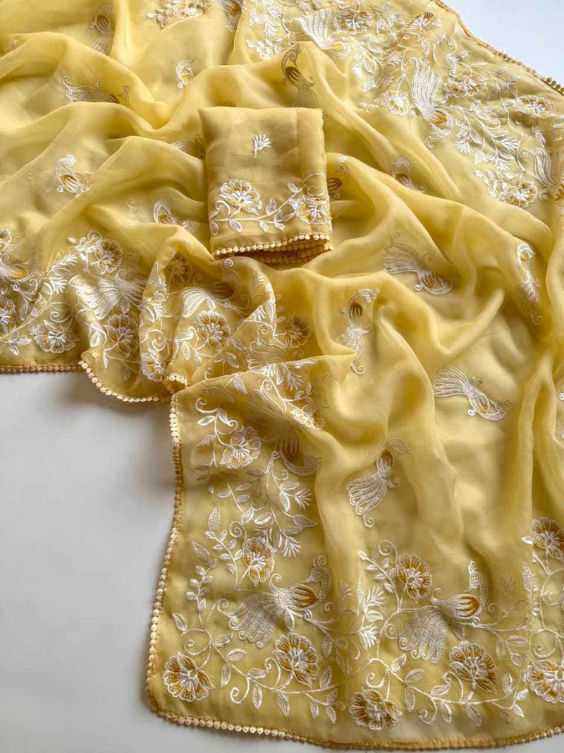 Surya Pankh Mustard Embroidered Chiffon Saree