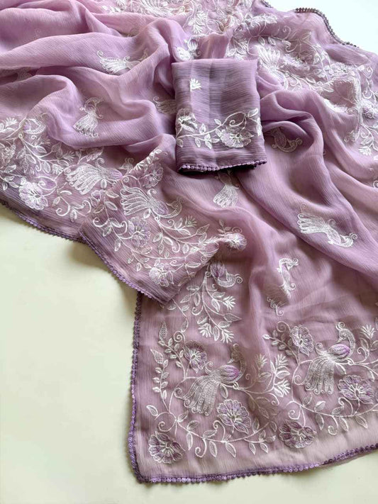 Lavender Noor Bird Embroidered Chiffon Saree