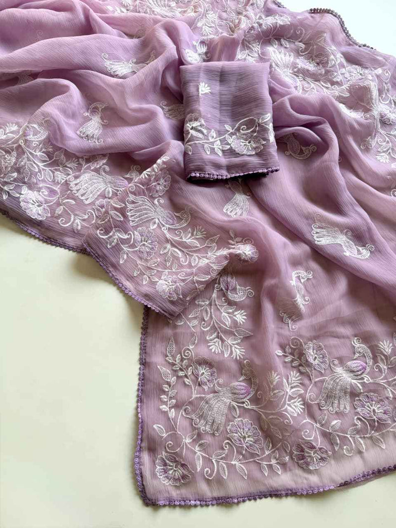 Lavender Noor Bird Embroidered Chiffon Saree