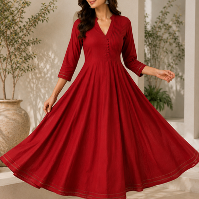 Ruby Red Flared Anarkali Dress for Women