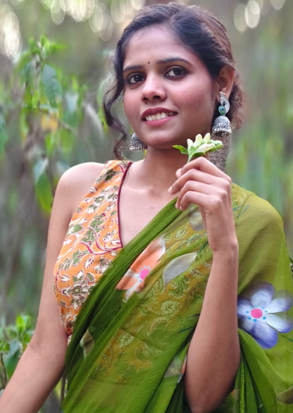 Verdant Bloom Pure Chiffon Handpainted Saree