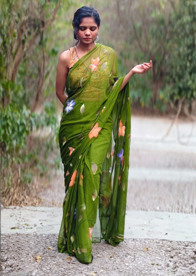 Verdant Bloom Pure Chiffon Handpainted Saree