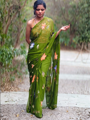 Verdant Bloom Pure Chiffon Handpainted Saree