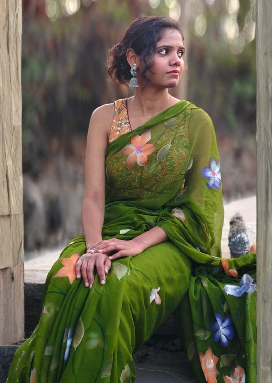 Verdant Bloom Pure Chiffon Handpainted Saree