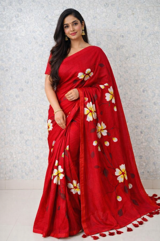 Scarlet Blossom Premium Mull Cotton Handprint Saree