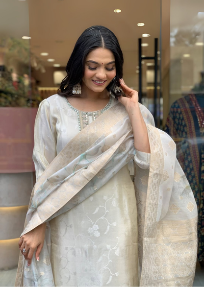 Luxe Russian Silk Jacquard Suit Set with Zari Dupatta