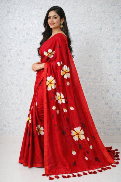 Scarlet Blossom Premium Mull Cotton Handprint Saree