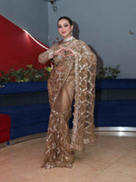 Golden Aura Sequins Embroidered Net Saree with Designer Blouse