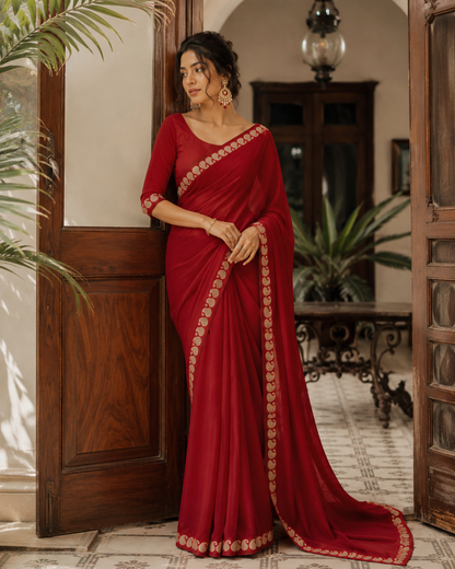 Ruhani Red Viscose Georgette Saree Set