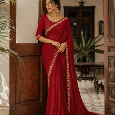 Ruhani Red Viscose Georgette Saree Set