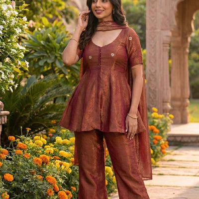 Rust Radiance Cosmos Tissue Peplum Co-Ord Set