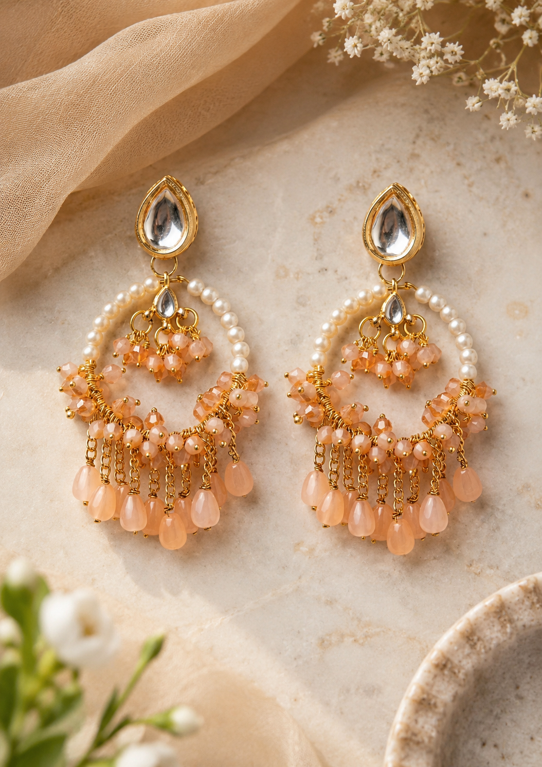 Peach Pearl Kundan Chandbali Earrings