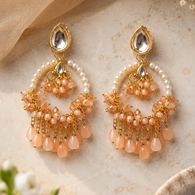 Peach Pearl Kundan Chandbali Earrings