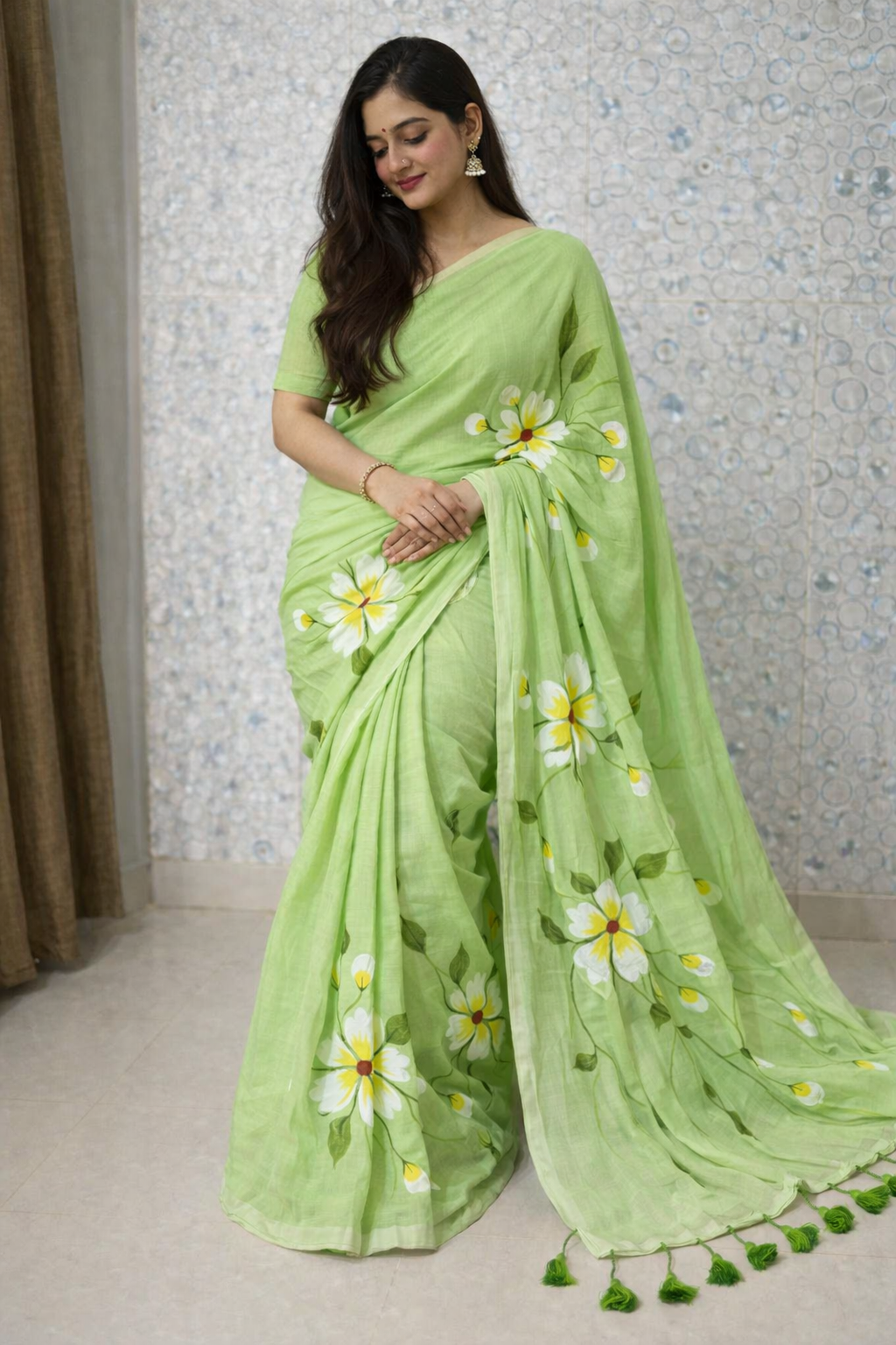 Pistachio Bloom Premium Mull Cotton Handprint Saree