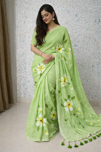 Pistachio Bloom Premium Mull Cotton Handprint Saree