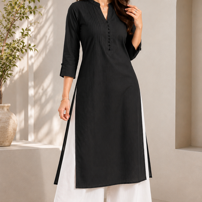 Mahima Black Pintuck Straight Kurta with White Palazzo Set