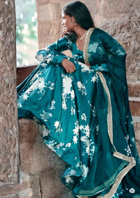 Emerald Bloom Satin Lehenga Set