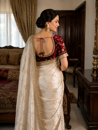 Madhubala Ivory Saree with Stitched Blouse