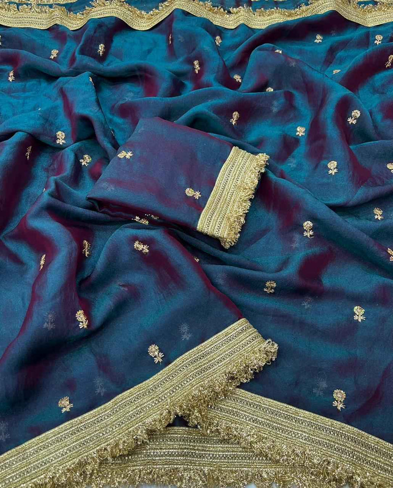 Midnight Teal Space Satin Sequin Embroidered Saree