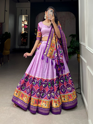 Lilac Patola Foil Print Tasar Silk Lehenga Set