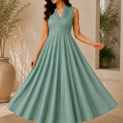 Siya Sage Green Sleeveless Flared Dress