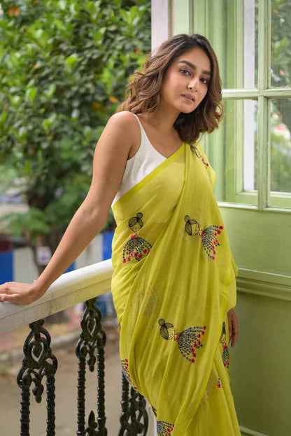 Gulnaar Lime Handcrafted Mulmul Cotton Saree