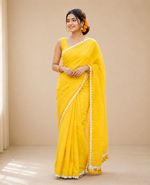 SASURAL GENDA PHOOL Yellow Mul Cotton Saree with Delicate Lace Border