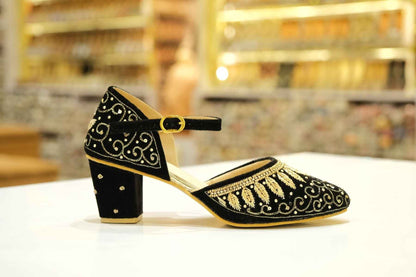 Noir Zari Elegance Hand-Embroidered Velvet Block Heels