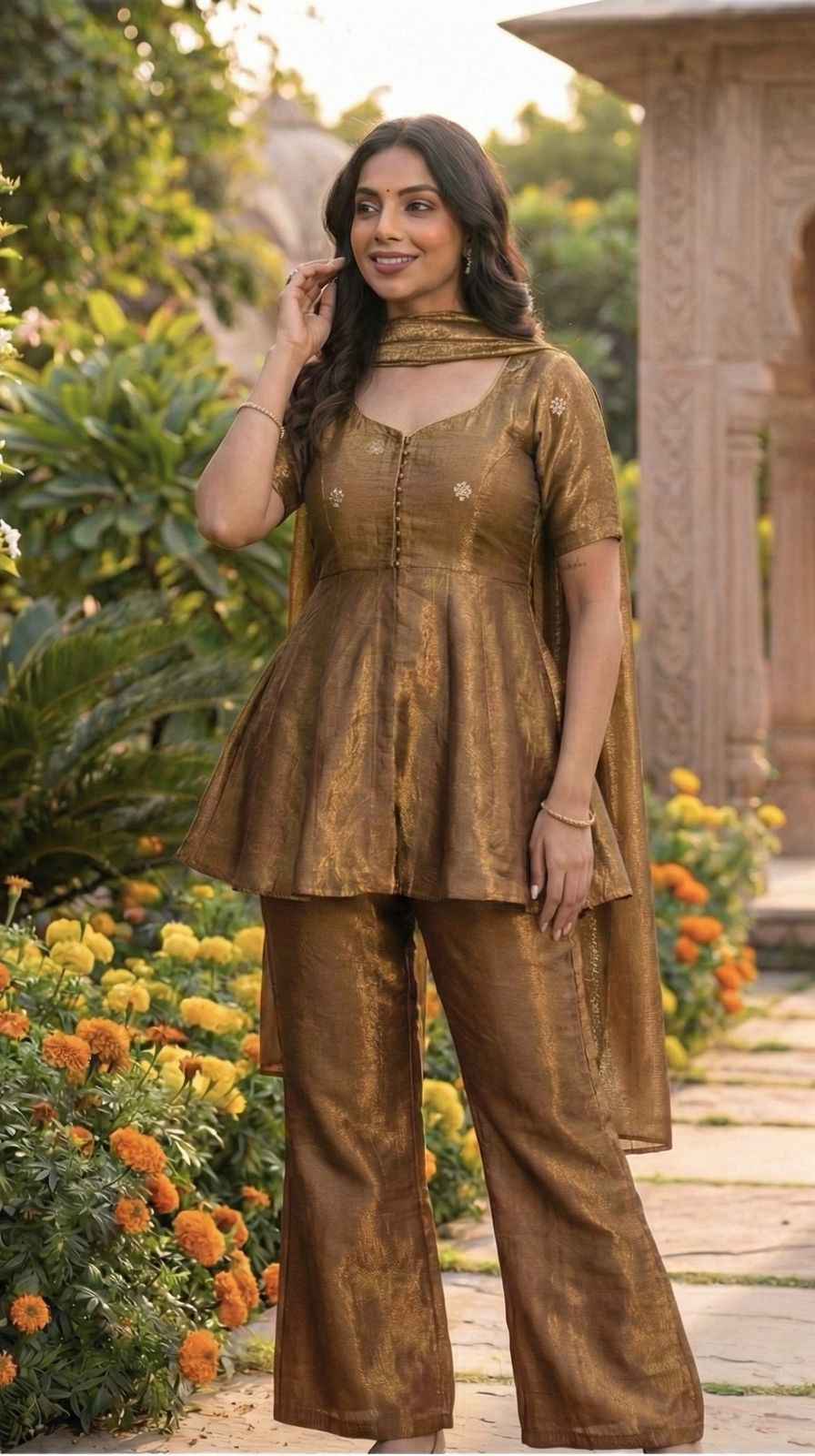 Bronze Glow Cosmos Tissue Peplum Co-Ord Set
