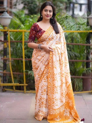 Anandi Hand Batik Chanderi Cotton Saree with Ajrakh Blouse