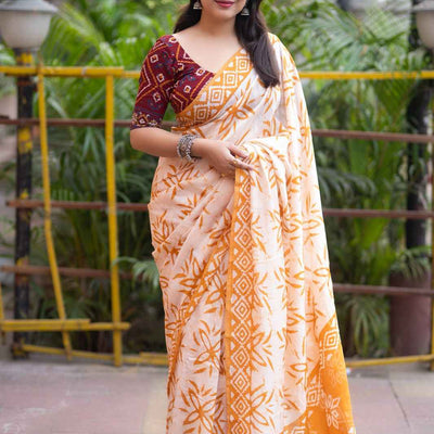 Anandi Hand Batik Chanderi Cotton Saree with Ajrakh Blouse