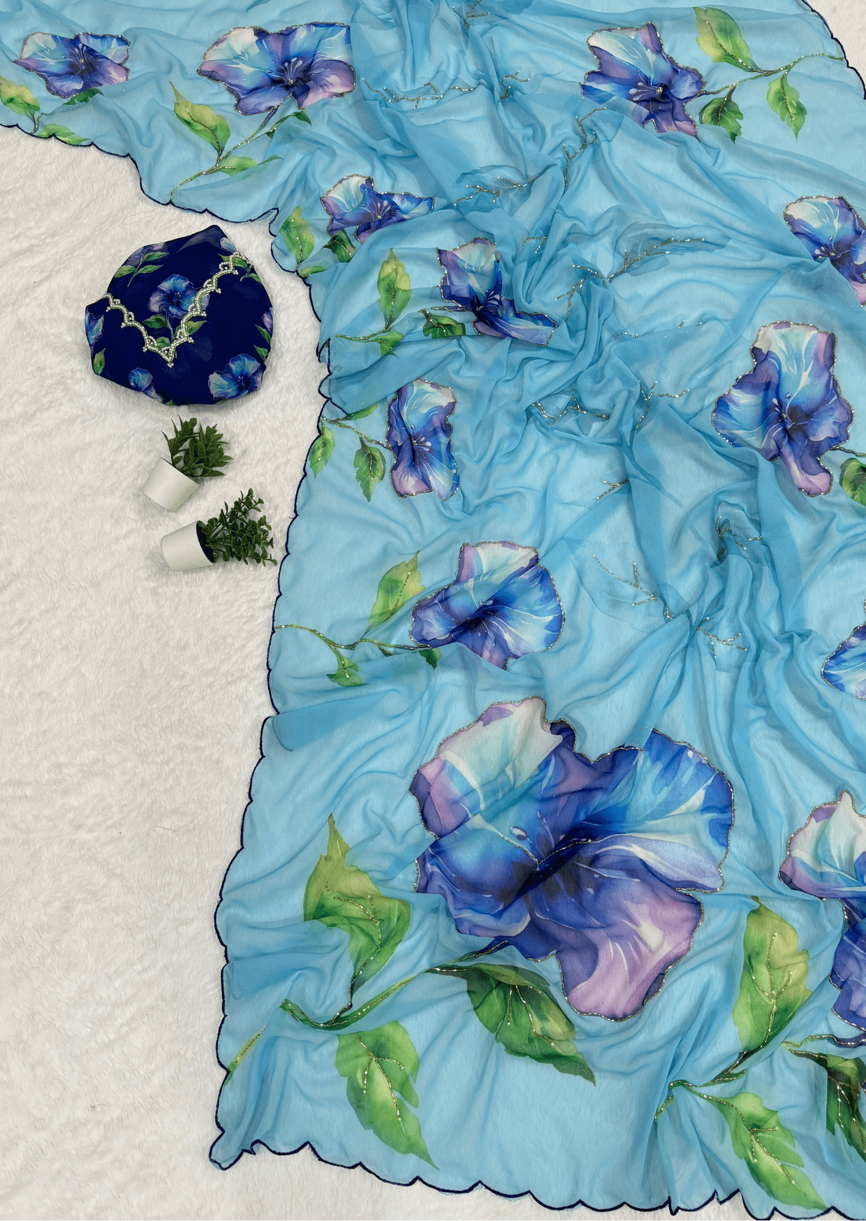 Azure Bloom Digital Print Georgette Saree
