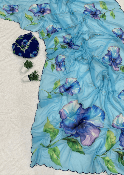 Azure Bloom Digital Print Georgette Saree